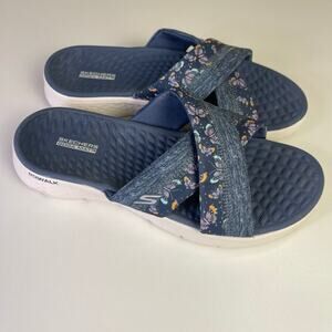Skechers GO WALK Elsa Slide Flex Sandal Goga Mat Blue White Women's 9 Comfort